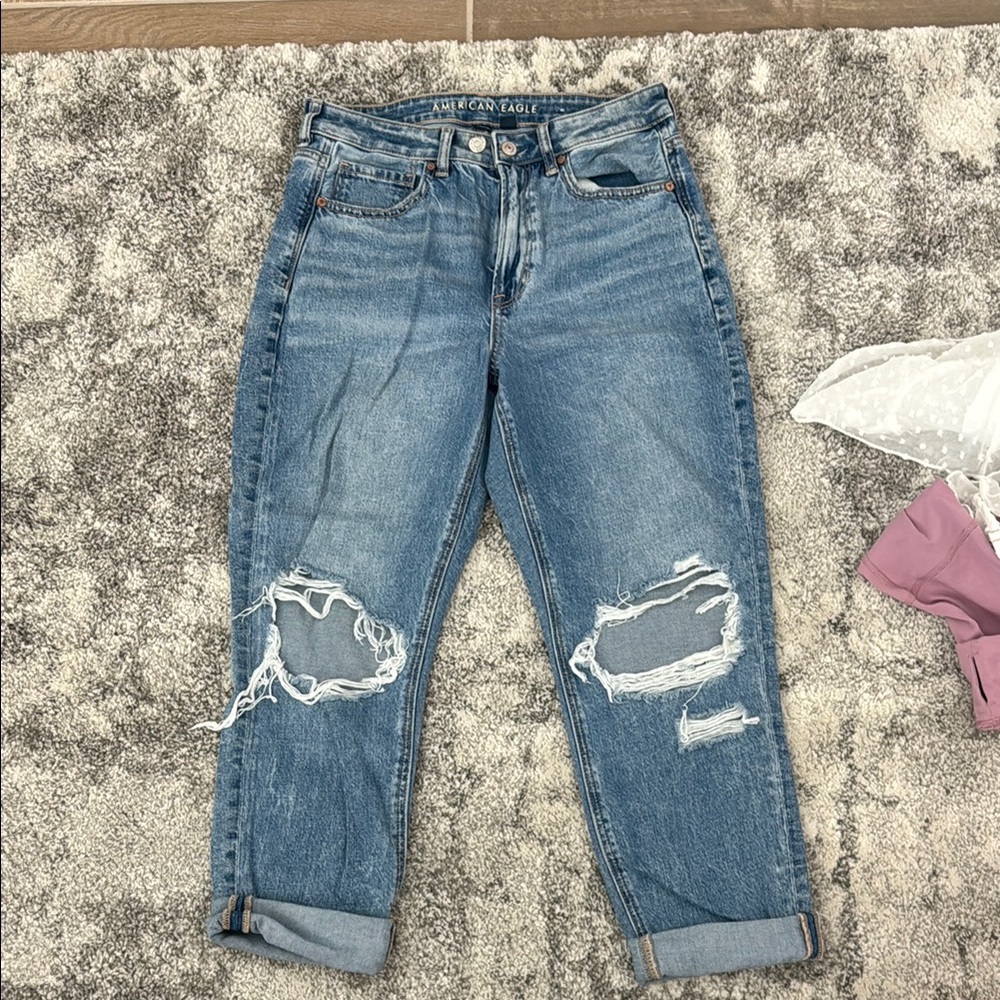 American Eagle Outfitters Blue Boyfriend Jeans with Distressed Details
